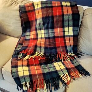 Vintage Troy Robe Wool Tartan Plaid Stadium Throw Blanket Fringe 54x77" Picnic